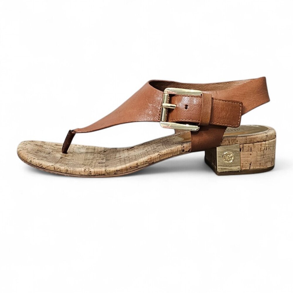 Michael Kors London Leather Buckle Thong Sling Back Cork Sandals COA Brown 9